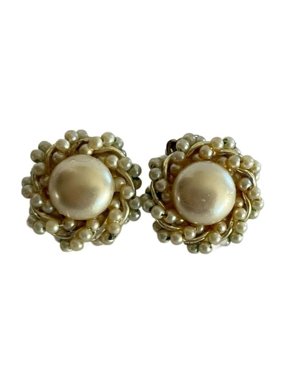 Vintage Faux Pearl Cluster Earrings - Gold Tone Clip On Statement Jewelry